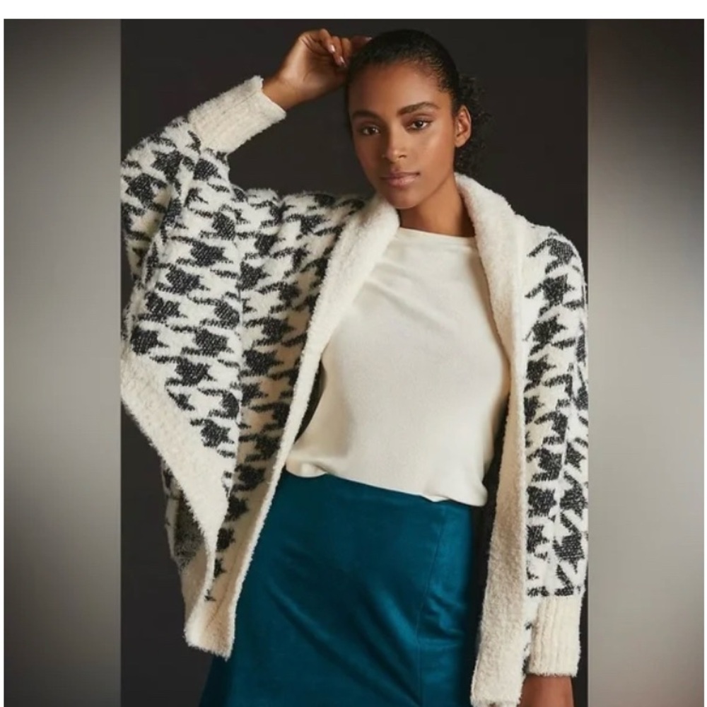Maeve X Anthropologie Black White Houndstooth Shawl Open Front Cardigan One Size